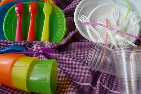 Reusable plastic picnic tableware versus disposable plastic tableware. Stock Photos