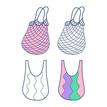 Reusable shopping bags vector set. Net mesh tote and striped shoulder shopper Stock Illustration
