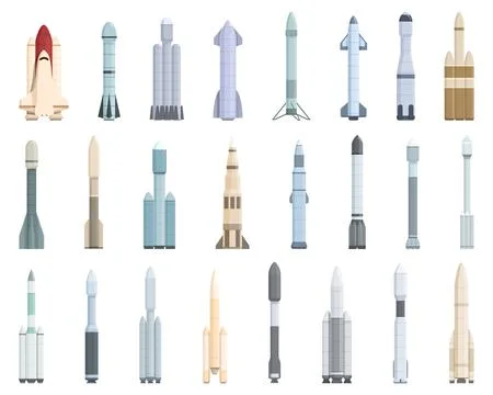 Reusable space rockets icons set cartoon vector. Shuttle travel Stock Illustration