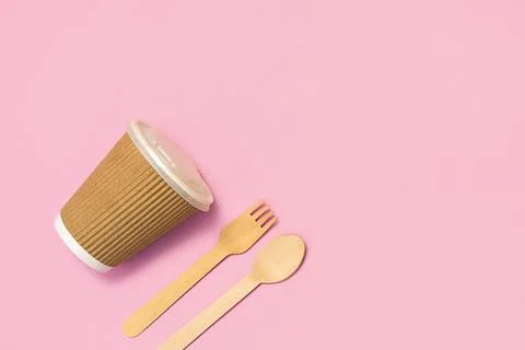 Reusable tableware with eco coffee cup, spoon and fork. Concept of eco friendly Photos