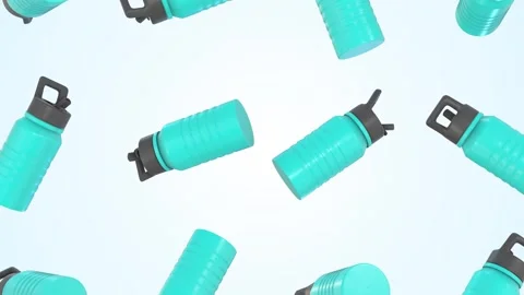 Reusable Water Bottles Falling on a Light Background. Sports Water Bottle 3D. 4K Stock Footage 291378946
