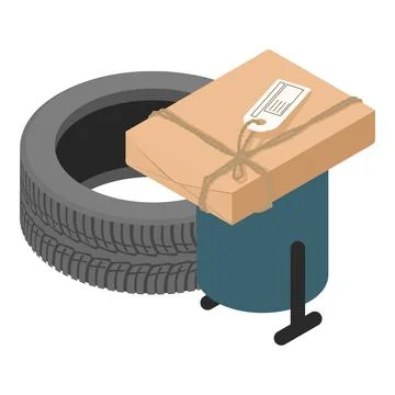 Reuse concept icon isometric vector. Worn car tire and parcel box near dumpster 库存插图