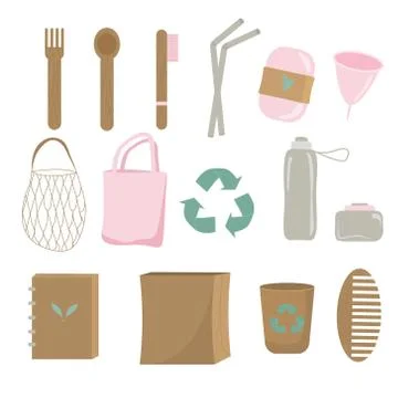 Reuse elements zero waste household items icon set vector graphic illustration Stock Illustration