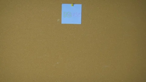 Reuse, reduce, recycle. Ecological message. Hands pining sticky notes on pin Stock-Footage 99566971