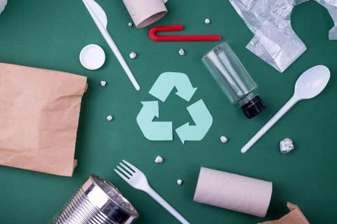Reuse reduce recycle flat lay concept with plastic, paper, and polyethylene w Stock Photos