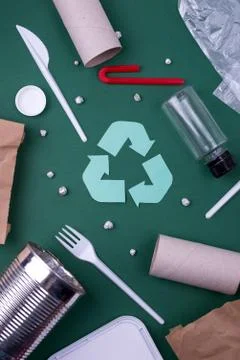 Reuse reduce recycle flat lay concept with plastic, paper, and polyethylene w Stock Photos