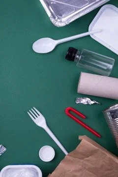 Reuse reduce recycle flat lay concept with plastic, paper, and polyethylene w Stock Photos