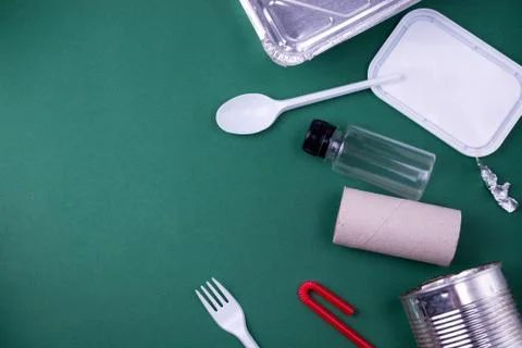 Reuse reduce recycle flat lay concept with plastic, paper, and polyethylene w Stock Photos