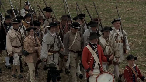 Rev War U.S. Soldiers march in formation on parade Stock Footage 80266829