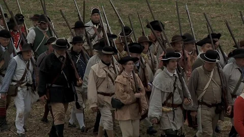 Rev War U.S. Soldiers march in formation on parade Stock Footage 80268460