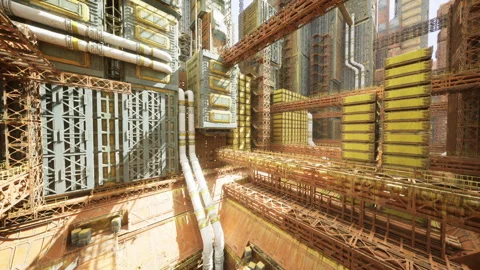 Revamped factory core featuring light shafts and layered frameworks Stock Footage 343612848