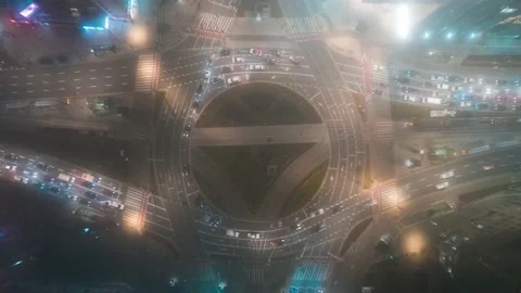 Reveal aerial hyperlapse of roundabout at rush hour in Warsaw city with Stock Footage 221679435