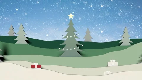 Reveal causing trees appearing, main tree getting star lights and gifts sliding Stock Footage 340674693