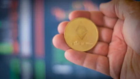 Reveal Ethereum ETH Ether Cryptocurrency Coin Stock Footage 89879704