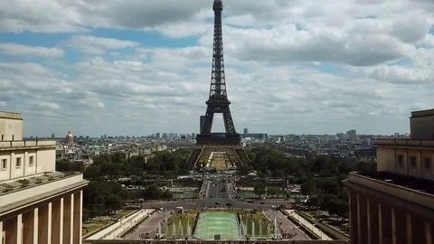 Reveal shot of the  Eiffel Tower in Paris, France. PAN Stock Footage 102838485