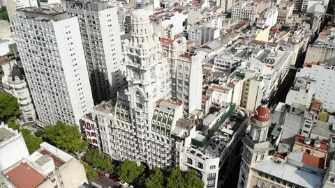 Reveal type shot of the skyline of Buenos Aires, drone slowly tilting up while Stock Footage 126568754