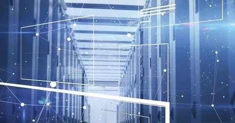 Revealing data center corridor displaying server racks under abstract network Stock Photos