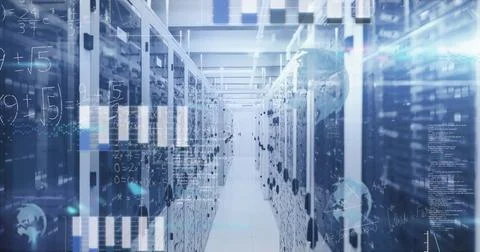Revealing data center corridor, with server racks, network cables, LED lights Stock Photos