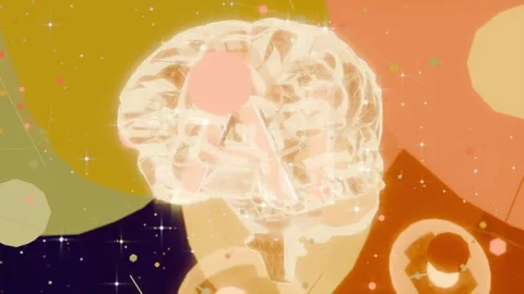 Revealing glowing brain rotating and pulsing in cosmic scene with drifting orbs, Vídeo Stock 337964497