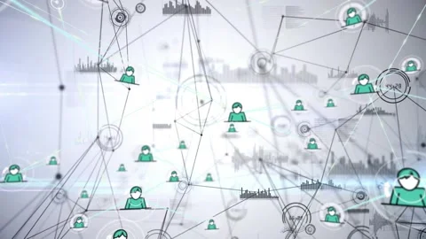 Revealing network of teal user avatars connecting via thin lines in pale space, Stock Footage 332289608