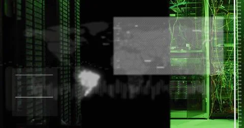 Revealing open network cabinet exposing patch cables in server room with HUD Stock Illustration