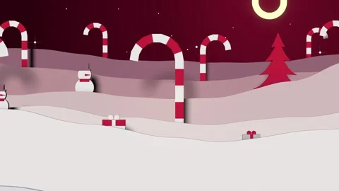 Revealing papercut midground in burgundy sky, canes, snowman and gifts appearing Stock-Footage 340268311