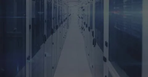 Revealing server aisle running through secure data center corridor, with Stock Illustration