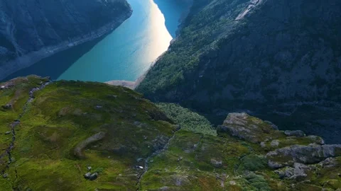Revealing The Stunning Ringedalsvatnet Below Stock Footage 282398516