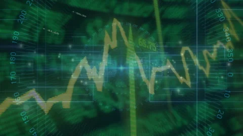 Revealing trading interface sending yellow line graph rising and dipping showing 動画素材 309808762