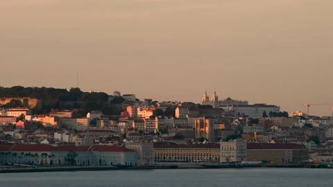 Revealing view of the skyline of the city of Lisbon, with the Tagus River. Stock Footage