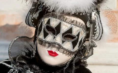 Reveller In Traditional Elaborate Mask And Costume At Venice Carnival Stock Photos