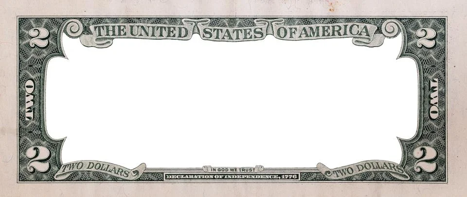 Reverse of 2 US dollar banknote with empty transparent middle area Stock Photos