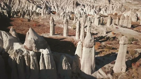 Reverse Aerial Drone View Cappadocia Fairy Chimneys Landscape Goreme Turkey 4k Video stock 86243948