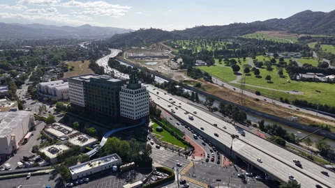 Reverse Angled Aerial View Away from 134 Freeway in Burbank Los Angeles Stock Footage 333931879