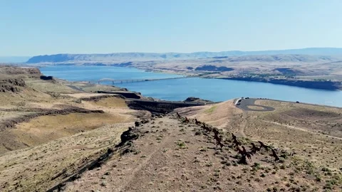 Reverse arc of Wild Horses Monument with river and bridge in Washington State 库存影片 314407668