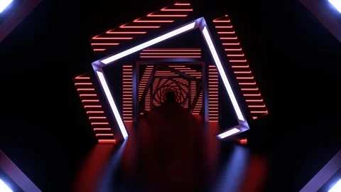 Reverse Corridor with Lighting Blue and Vermilion Neon Arch Background VJ Lo Stock Footage 276180176
