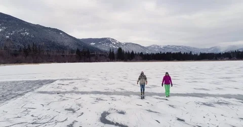 Reverse Dolly Shot Of A Dog And Two Women Skating Outdoors On A Frozen Lake In T 스톡 동영상 83800722