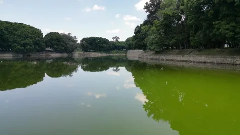 Reverse drone flight over El Dean lake at low altitude in Guadalajara Stock Footage 323134093