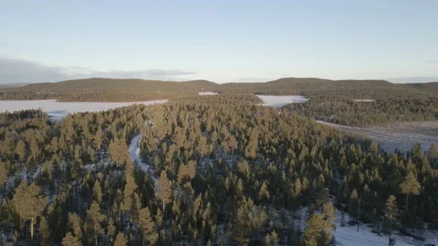 Reverse Drone Flight Over Forest At Frozen Lake Inari During Sunny Day Stock Footage 224296401