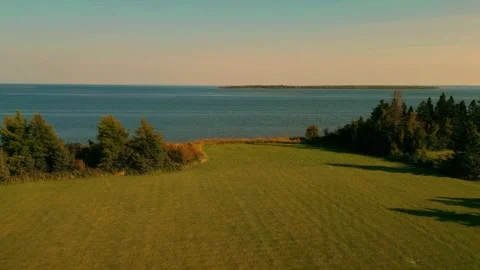 Reverse Drone Flight Over Vibrant Green Grass Moving Away From Atlantic Ocean Stock Footage 255350181