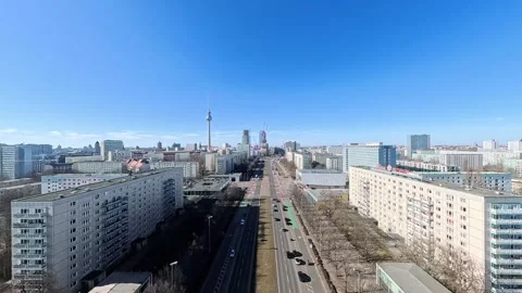 Reverse Drone Pullback from Berlin Radio Tower Funkturm over Frankfurter Allee Stock Footage 330168454