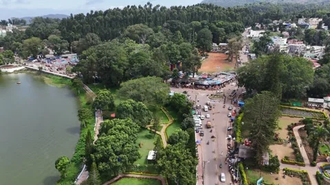 Reverse Drone Pullback from Yercaud Main Junction and Emerald Lake, Tamil Nadu Stock-Footage 340558599