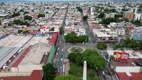 Reverse drone shot over antique street market in Guadalajara Stock Footage 320434960