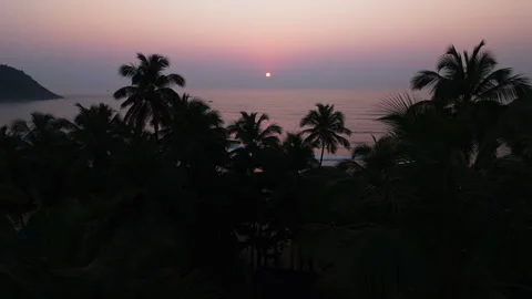 Reverse drone shot showing the setting sun and coconut forest in Indian paradise 스톡 동영상 340885161