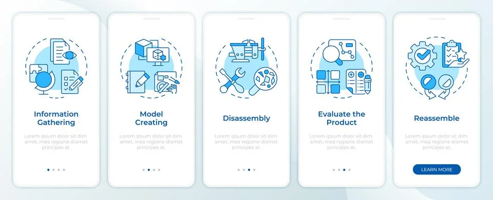 Reverse engineering process blue onboarding mobile app screen Stock Illustration