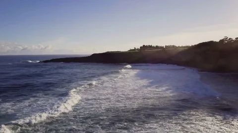 Reverse Fly Over Of Beautiful Coastal Scene With Birds, Waves, &amp; Ocean Mist Stock Footage 85143859