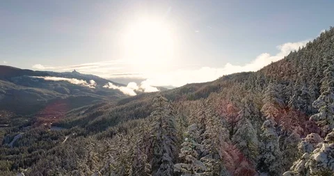 Reverse Fly Over Of Snow Covered Forest And Mountains At Sunset Stock-Footage 100477087