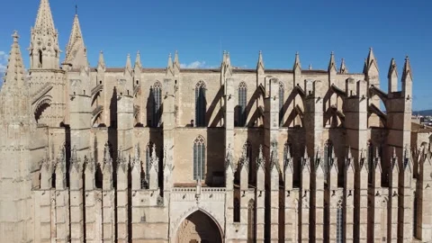 Reverse frontal view of La Seu Palma de Mallorca Gothic Roman Catholic Cathedral Stock Footage 166476361