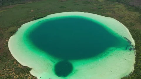 Reverse Full-Frame Aerial Reveal of Kaan Luum Lagoon and Cenote in Mexico Stock Footage 311111501