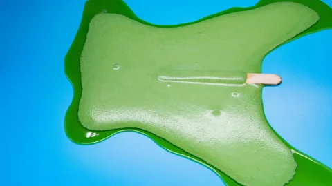 Reverse of green popsicle melting on blue background time lapse Stock Footage 108630045
